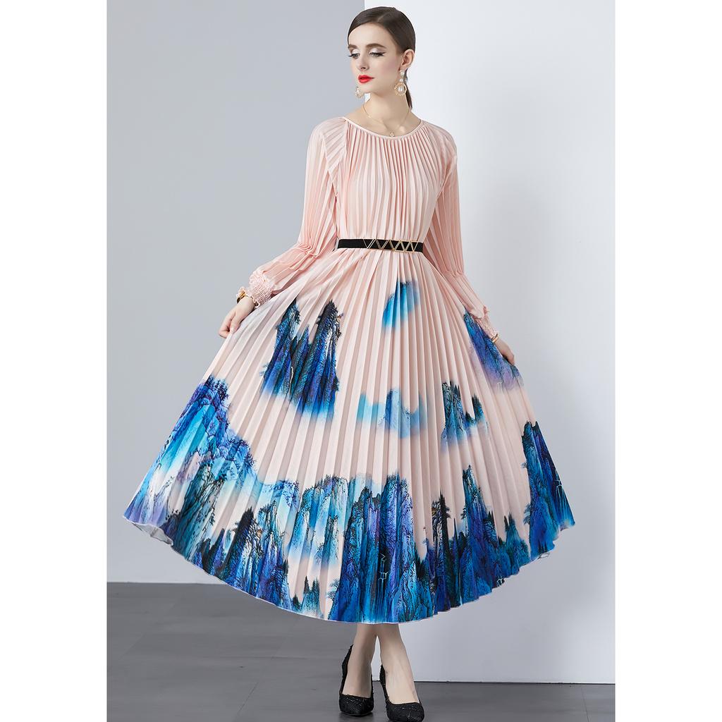 Spring Autumn Women Full Sleeve Print Oversized Long Maxi Holiday Party Pleated Dresses with Belt