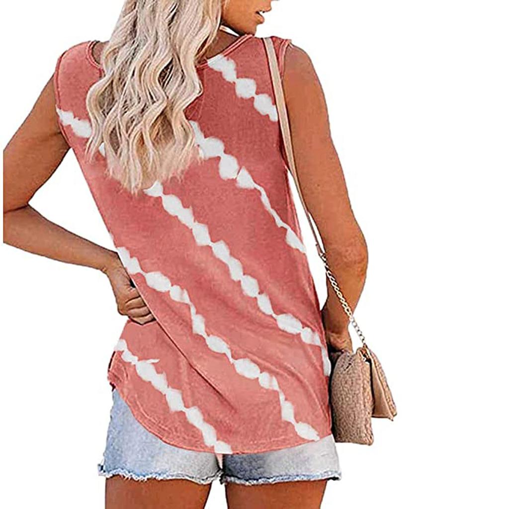Women Sleeveless Button Front Tank Top Casual Round Neck Striped Printed Summer Blouse Lightweight Loose Fit Shirt