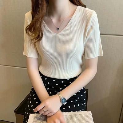 Summer Short Sleeve Solid Women's T-shirt Casual Loose V-neck Ice Silk Knitted T Shirt Ladies Elegant Fashion Simple Female Tee Tops 24989