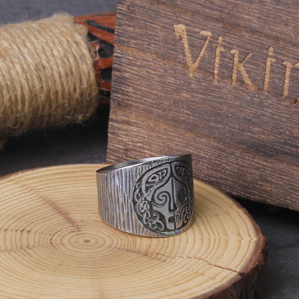 Viking Hel Ring Norse Mythology Stainless Steel Band with Runes Pagan Jewelry Gift in Wooden Box