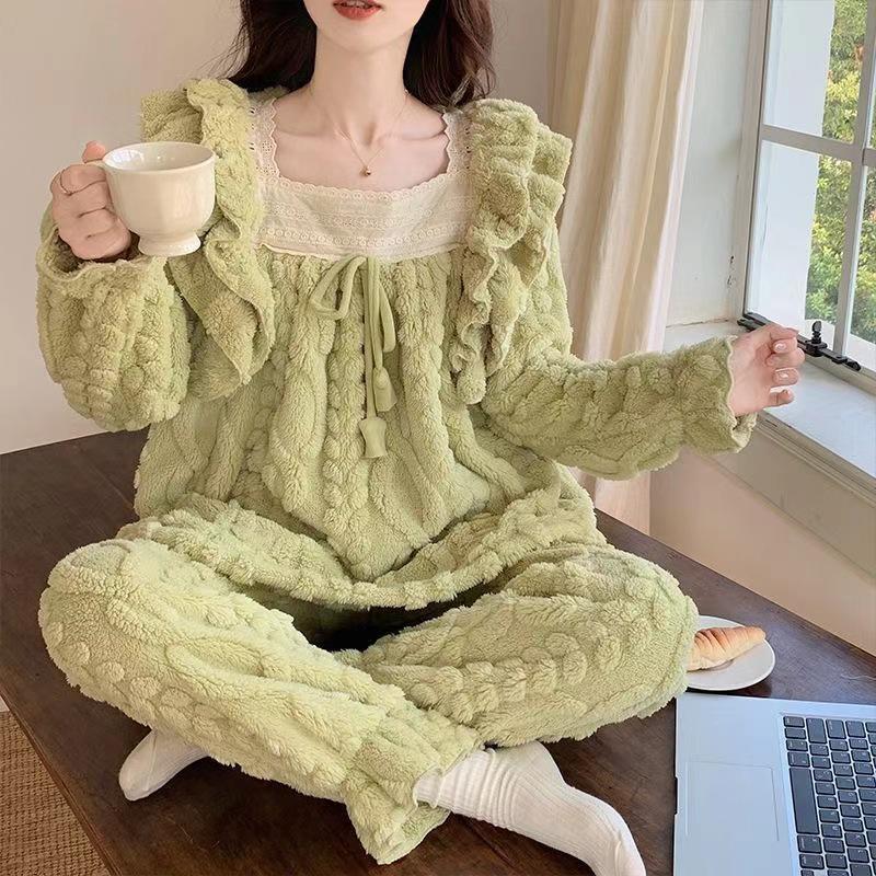 Women's Winter Flannel Pajama Set - Cute Fleece, Warm, Floral Lace Design