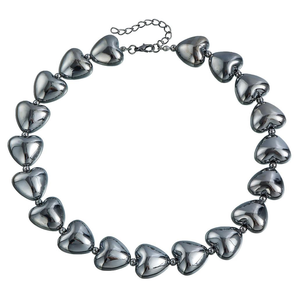 Gunmetal Black Beaded Heart Pendant Necklace Adjustable Length Neckchain Fashionable Clavicle Chain Jewelry for Women
