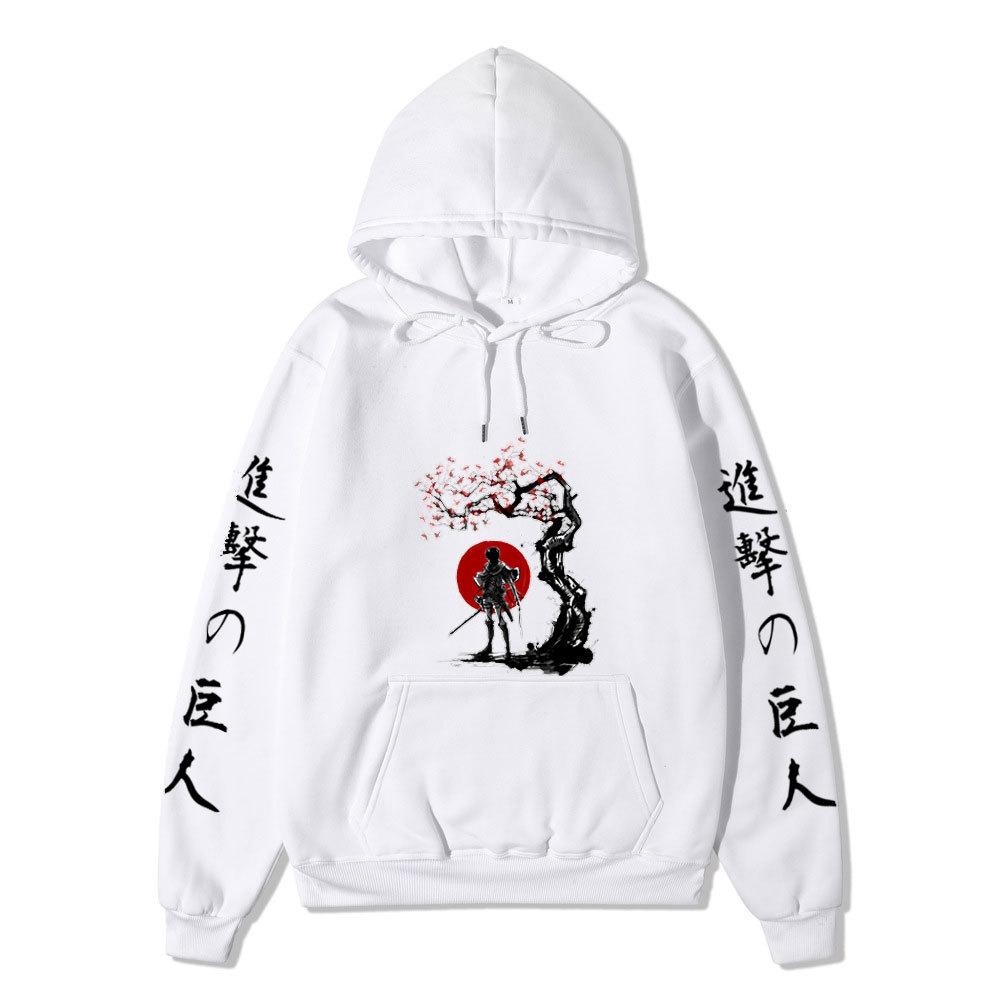 Attack On Titan Samurai Sakura Sun Design Unisex Fleece Hoodie Vertical Japanese Kanji Sleeve Anime Long Sleeve Pullover Sweatshirt