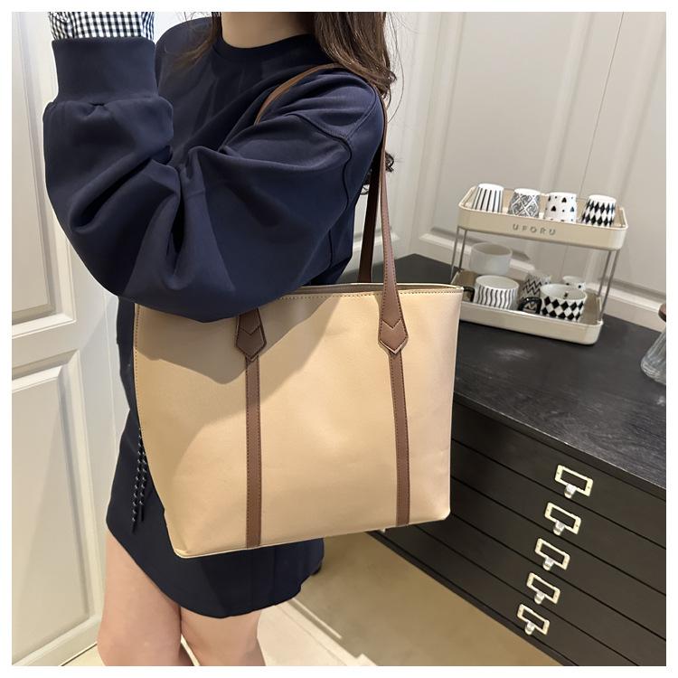 Korean Version Large Capacity Solid Color Faux Leather Tote Bag Fashion Vintage Commute Simple Shoulder Bag