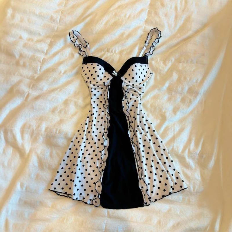 2025 White Polka Dot Camisole Dress for Women Layered Top Up Dress, Summer Belly Covering A-line Skirt