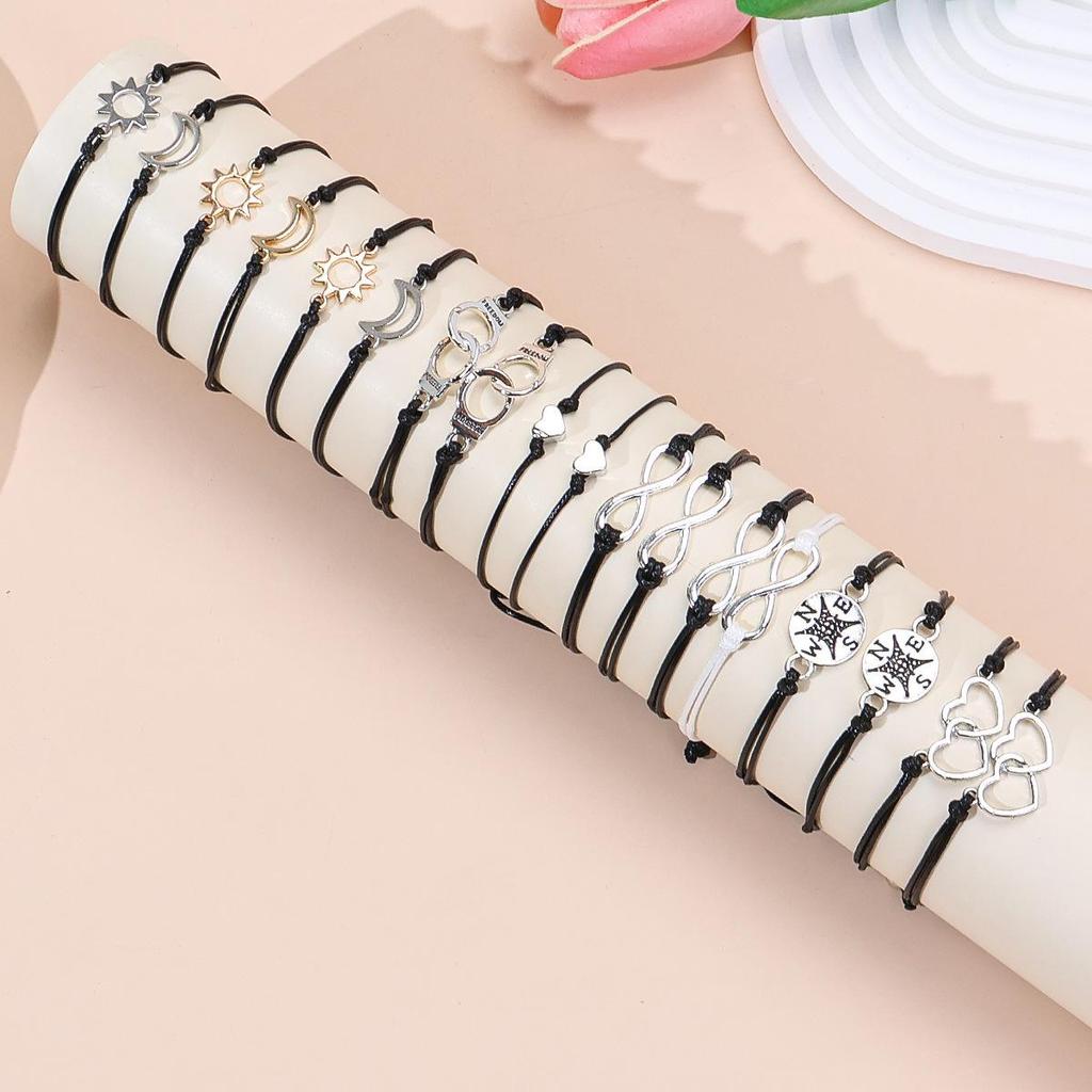 European Style Moon, Sun, Star & Heart Wax Cord Adjustable Couple Bracelet Set