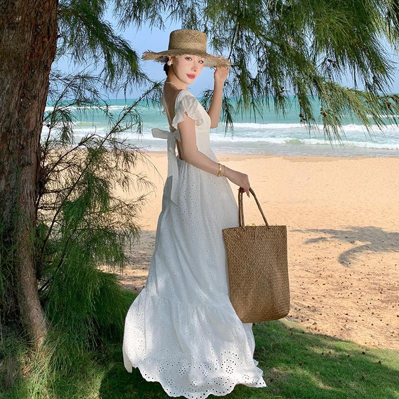 YYFS Dámská móda Léto Jaro Jednobarevný tisk Neformální šaty bez rukávů s výstřihem do V a vysokým pasem