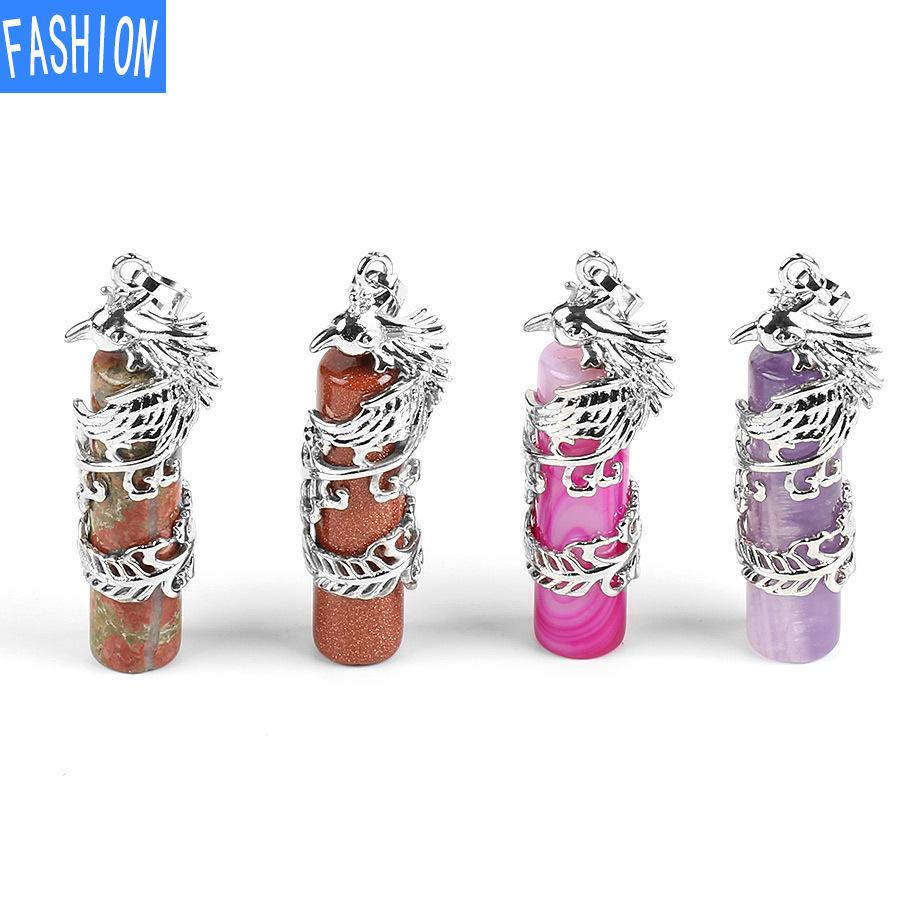 Creative Mascot Wrapped Natural Stone Cylindrical Pendant And Pink Crystal Necklace