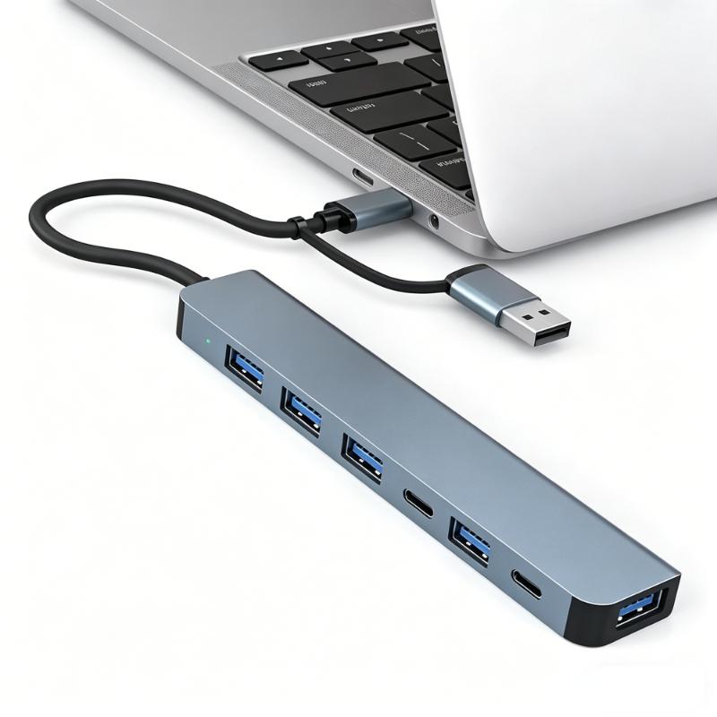 7/8Port USB C Hub Expander Multiport Adapter TypeC Splitter Dock USB3.0 Port for Xiaomi Phone Tablet Fast Data Transfer Charging