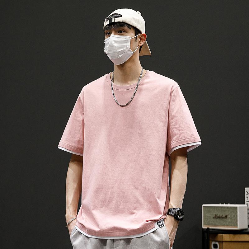 Men Fake Two Piece Contrast Trim Short Sleeve T Shirt Casual Loose Fit Summer Top
