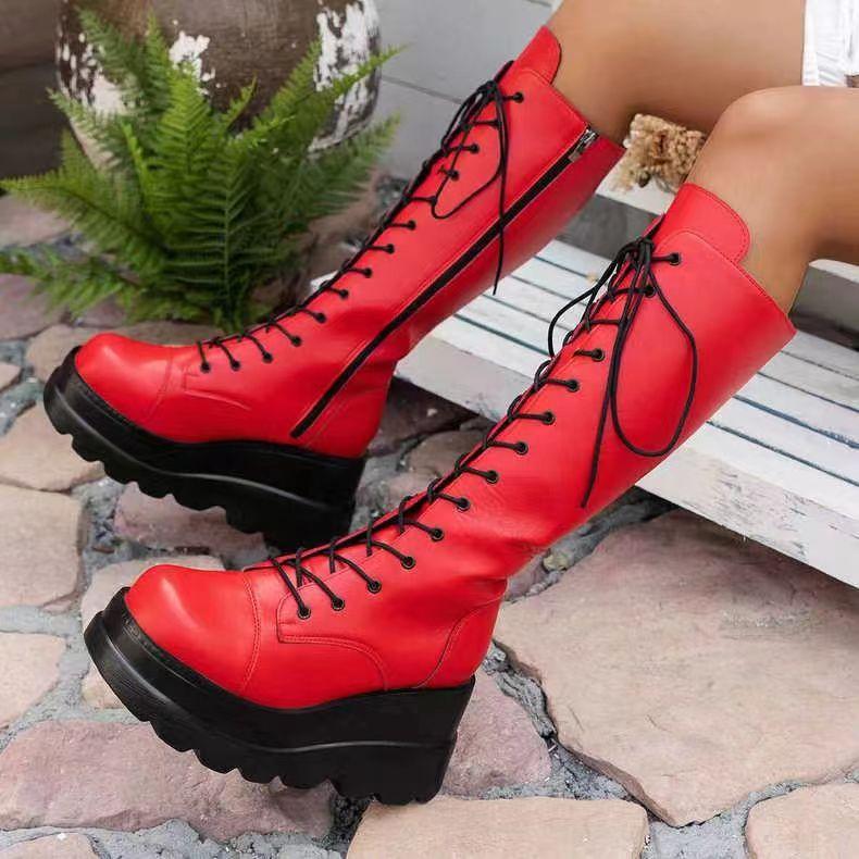 Fashion 2025 New Womens Punk Style Personalized Butterfly Slope Heel Platform Lady High Boots Motorcycle Rider Boots Stage Cosplay Shoes