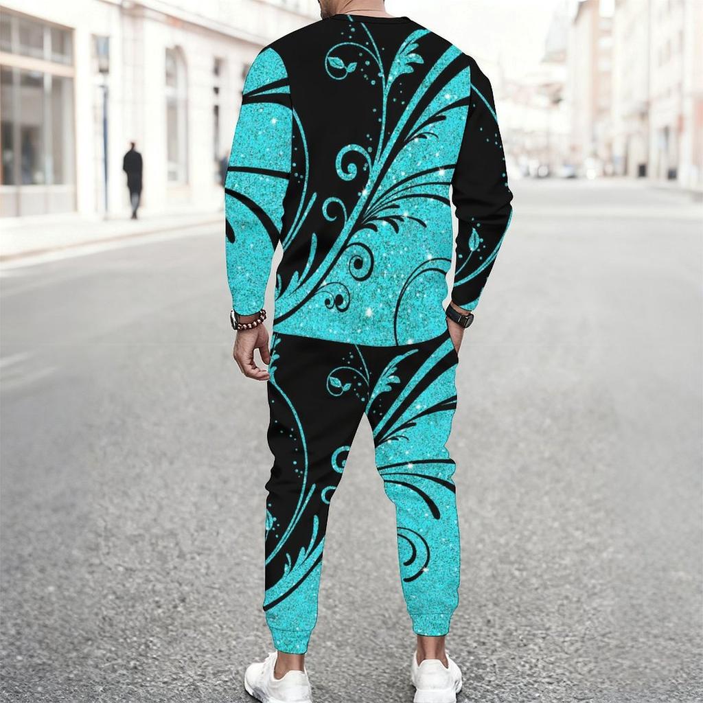 Men Black Blue Bohemian Mandala Partial Print Long Sleeve Sweatshirt Jogger Pants Two Piece Suit