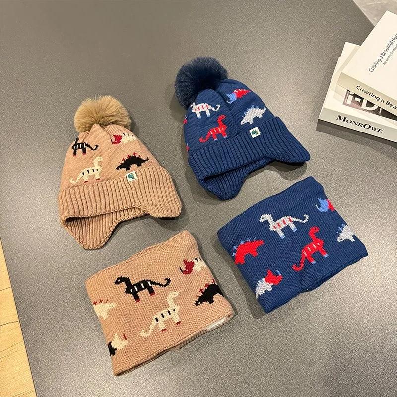 Children's Dinosaur Hat Scarf Two-piece Set Winter Baby Plush Thickened Knitted Hat Ear Protector Wool Hat Bib