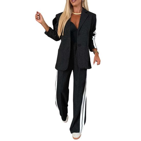 2 Pcs/Set Lady Formal Coat Pants Set Turn-down Collar Single-breasted Long Sleeves Jacket Loose Striped Wide Leg Trousers Casual Daily Wear Commuting