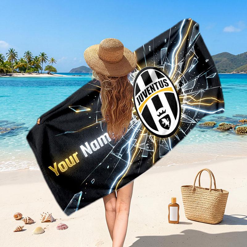 Asciugamano da Spiaggia Personalizzato Juventus FC, Stampa Testo Nome Personalizzato, Asciugamano Morbido Asciugatura Rapida con Logo Calcio, Regalo per le Vacanze