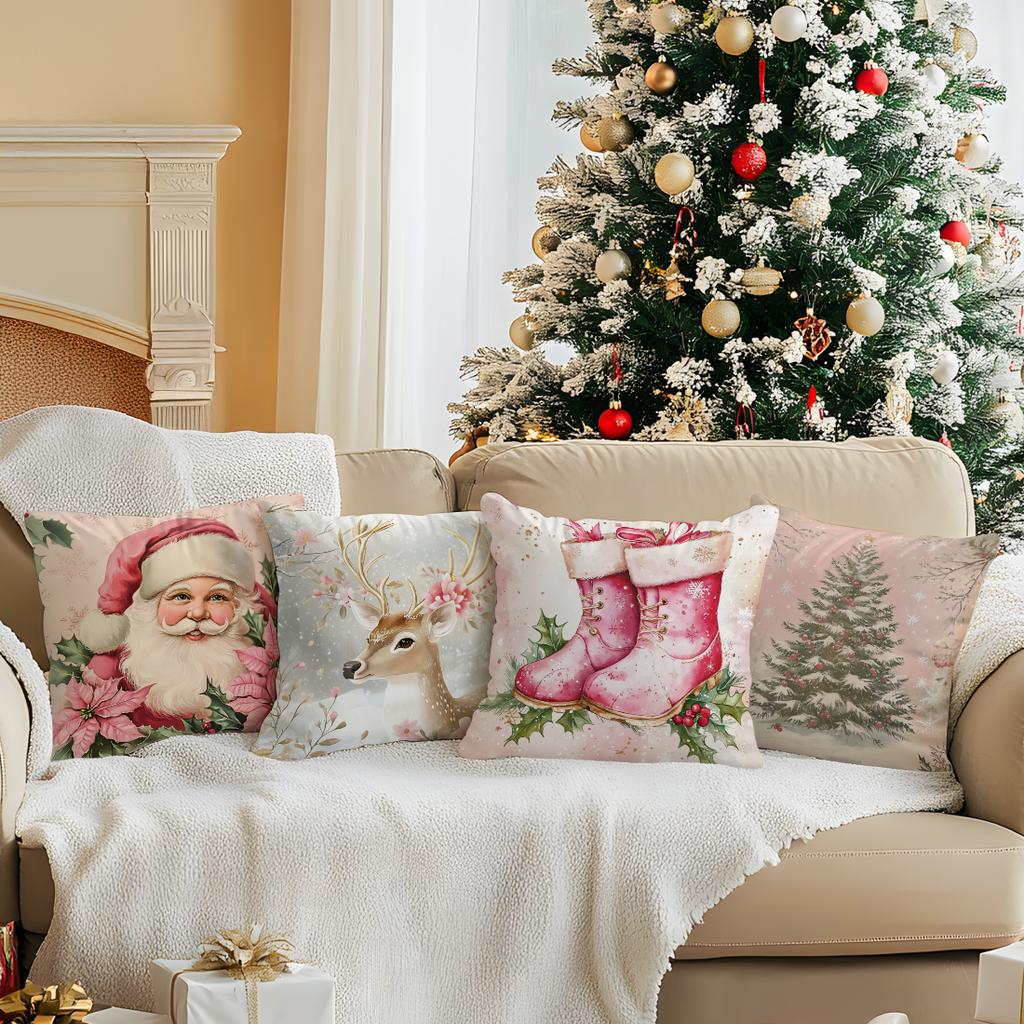 Pink Retro Christmas Theme Pillowcase Bedroom Sofa Cushion Cover 100% Polyester Living Room Cushion Pillowcase Home Decor