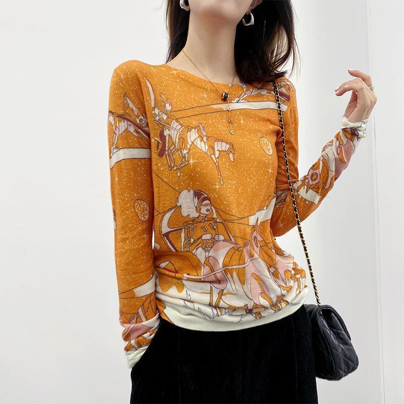 

Весна Лето Длинный рукав Чистый хлопок Круглый вырез Винтажный принт Новая популярная женская одежда Прямые футболки Тонкие XXL жёлтый