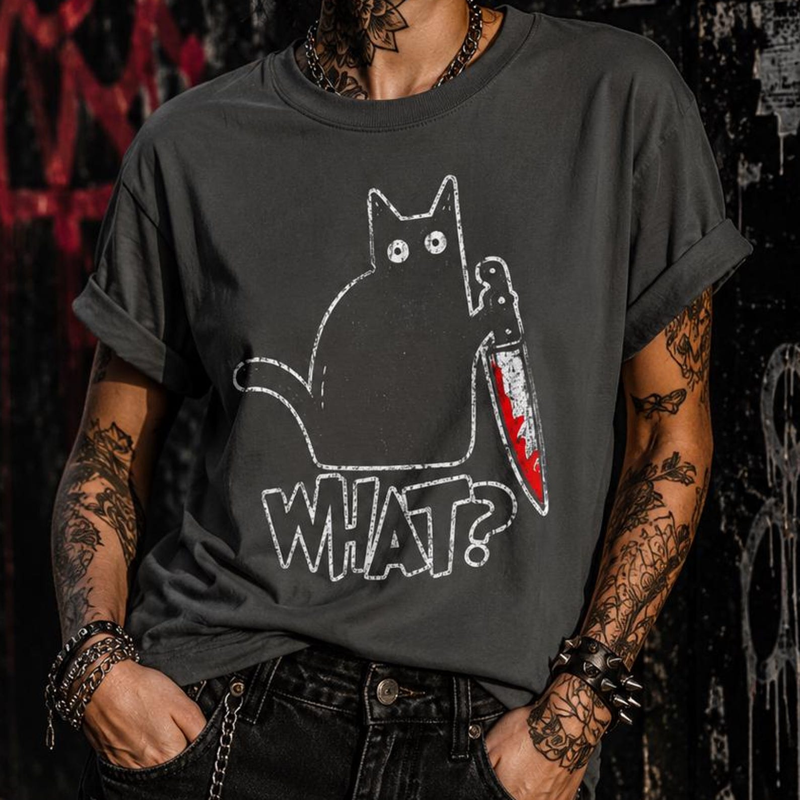 Cat Holding Bloody Knife WHAT? T-shirt | Dark Humor Graphic Tee L