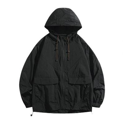 Men Coat Hooded Drawstring Long Sleeve Sun Coat with Flap Pockets Solid Color Zipper Placket Couple Outwear