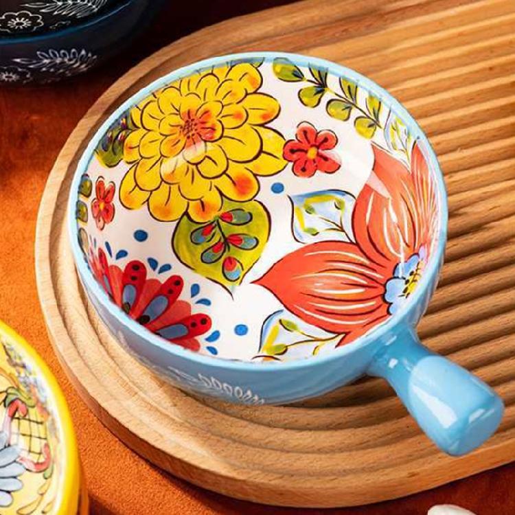 Multipurpose Bohemians Handled Bowl Salad Bowl Ceramic Texture Oven Microwave Safe Dishwasher Cleanable Healthy Cooking