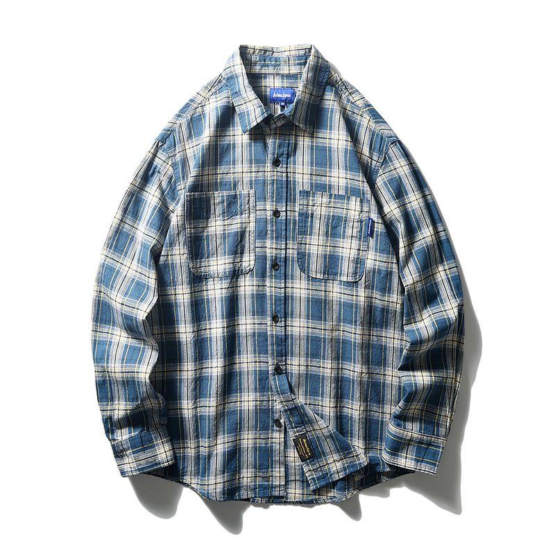 Japanese-Style Retro Profile Gingham Shirt Men Long Sleeves Spring and Autumn Coat Export Export Men s Cotton Checked Shirt Blue Grid XL