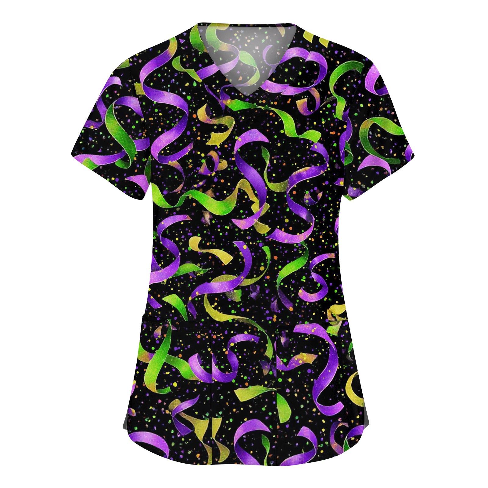 

Women s Fashion V-neck Short Sleeve Workwear With Pockets Printed Tops XL фиолетовый