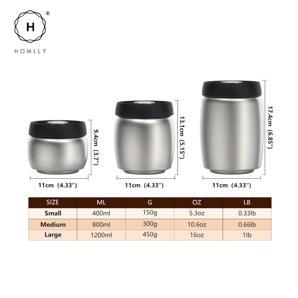Homlly Luft Food Coffee Storage Vacuum Stainless Steel Canister Container with Airtight Lid (X2PCS)