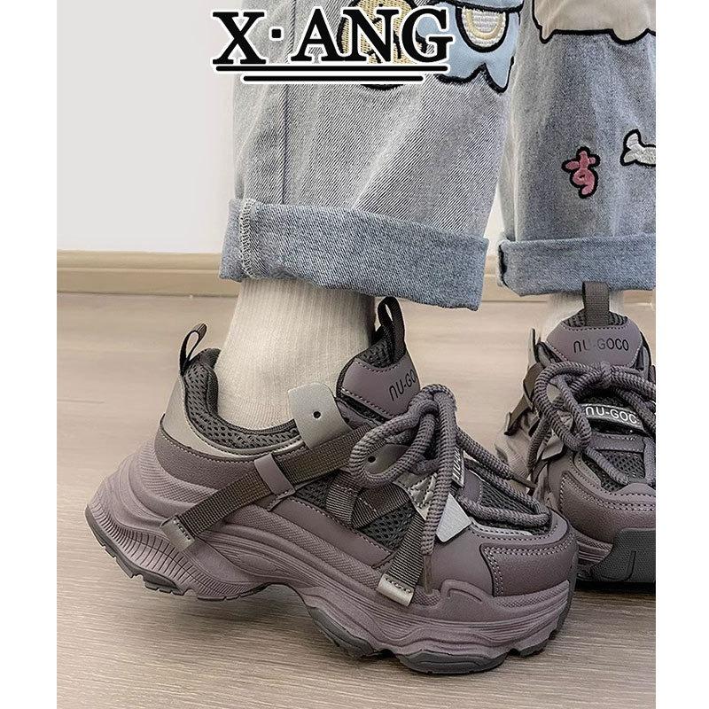 Showing feet little dad shoes women's spring and summer new thick-soled heightening mesh breathable leather casual sports shoes