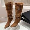 2025 Autumn and Winter Versatile Skinny Pile Boots Pointed Thin Heel High Heel Boots Women's Maillard But Knee Boots
