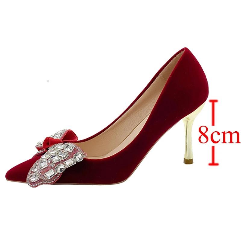 Fashion Red Bling Big Crystal Pumps Women Bowtie Flock Thin Heeled Wedding Party Shoes Woman Shiny Rhinestones High Heels Shoes