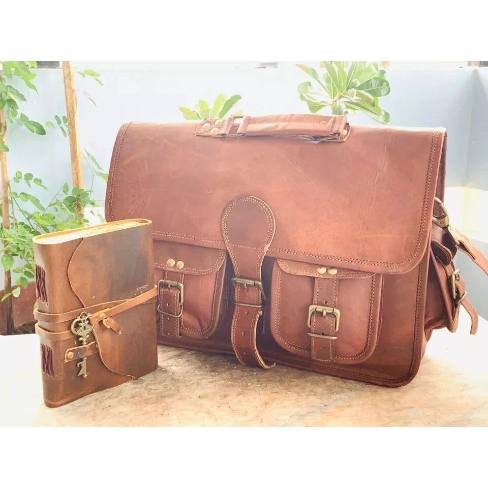 

Мужская кожаная винтажная сумка-портфель для ноутбука (Бесплатный кожаный ежедневник Размер - 7 x 5 дюймов ) 18 x 14 x 6 in