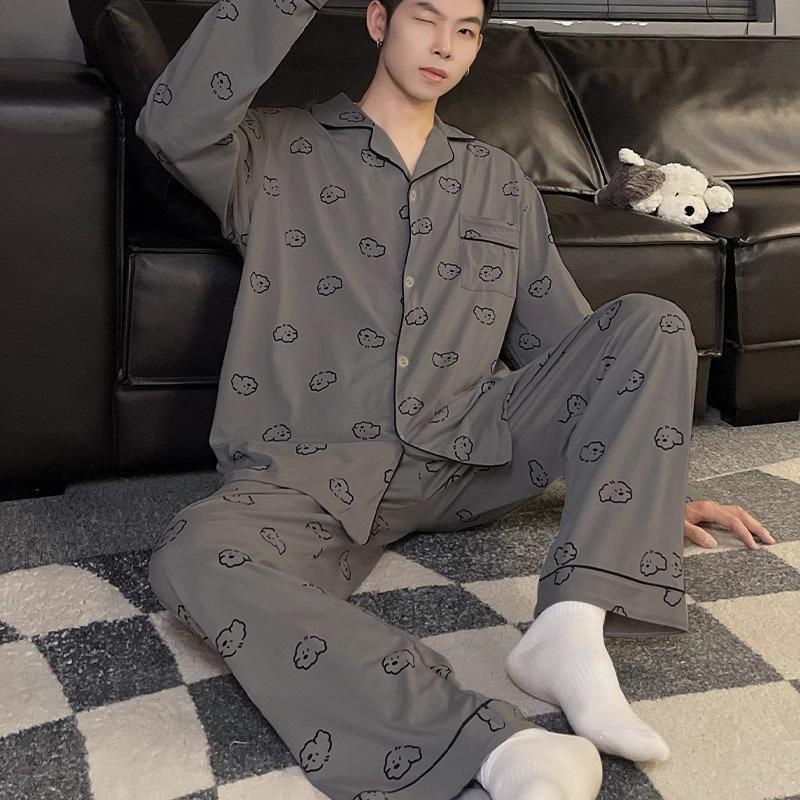 Men's Plus Size Long-Sleeve Plaid Cotton Pajamas for Spring & Autumn, Suitable for Outdoor Wear.