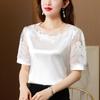 Tricou de vară cu mânecă scurtă din dantelă patchwork pentru femei, cămașă de bază versatilă supradimensionată din satin, top cu design de nișă
