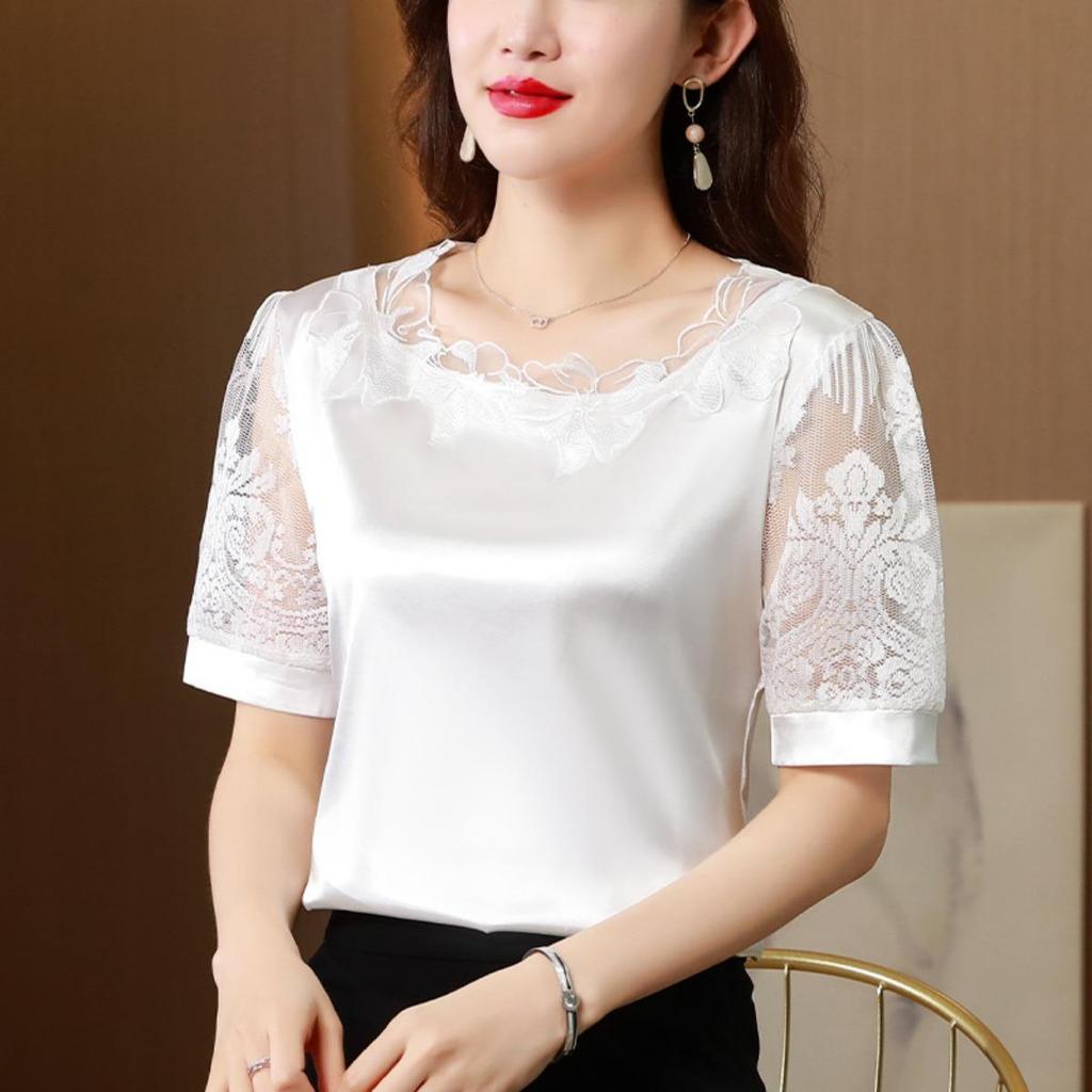 Tricou de vară cu mânecă scurtă din dantelă patchwork pentru femei, cămașă de bază versatilă supradimensionată din satin, top cu design de nișă