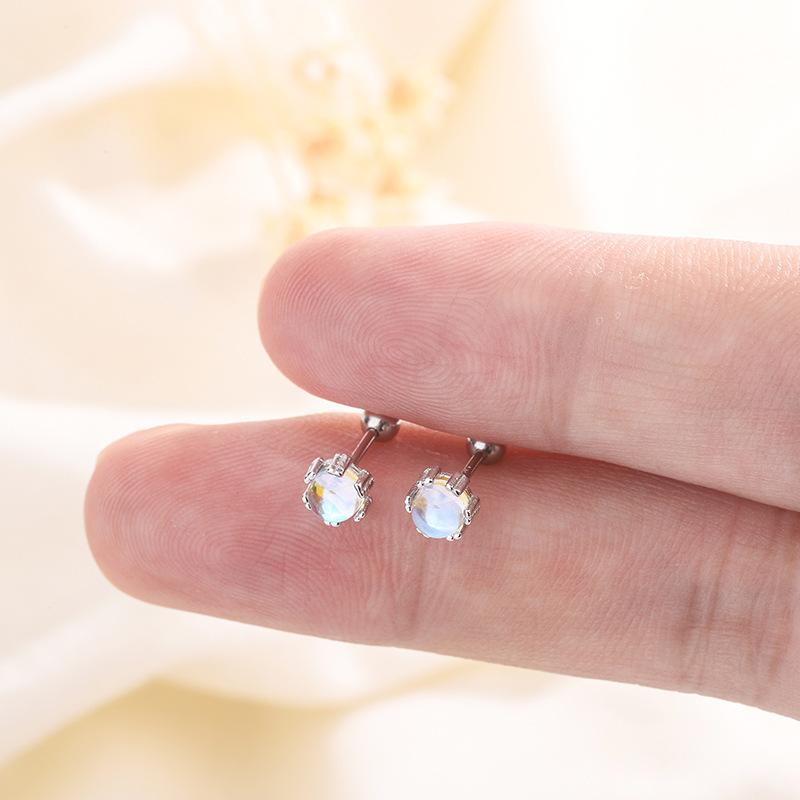 S925 Silver Moonstone Stud Earrings For Women Summer Minimalist Small Screw Back Fashionable Versatile Jewelry