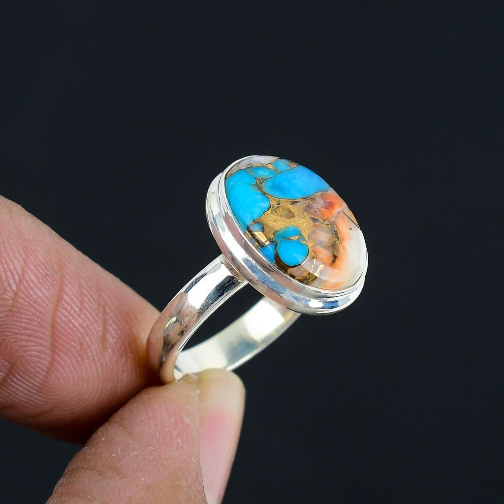 Naturalny Turkus Oysterski Kamień Szlachetny Pierścionek ze Srebra Próby 925 Owalny Kształt Dla Kobiet i Dziewcząt