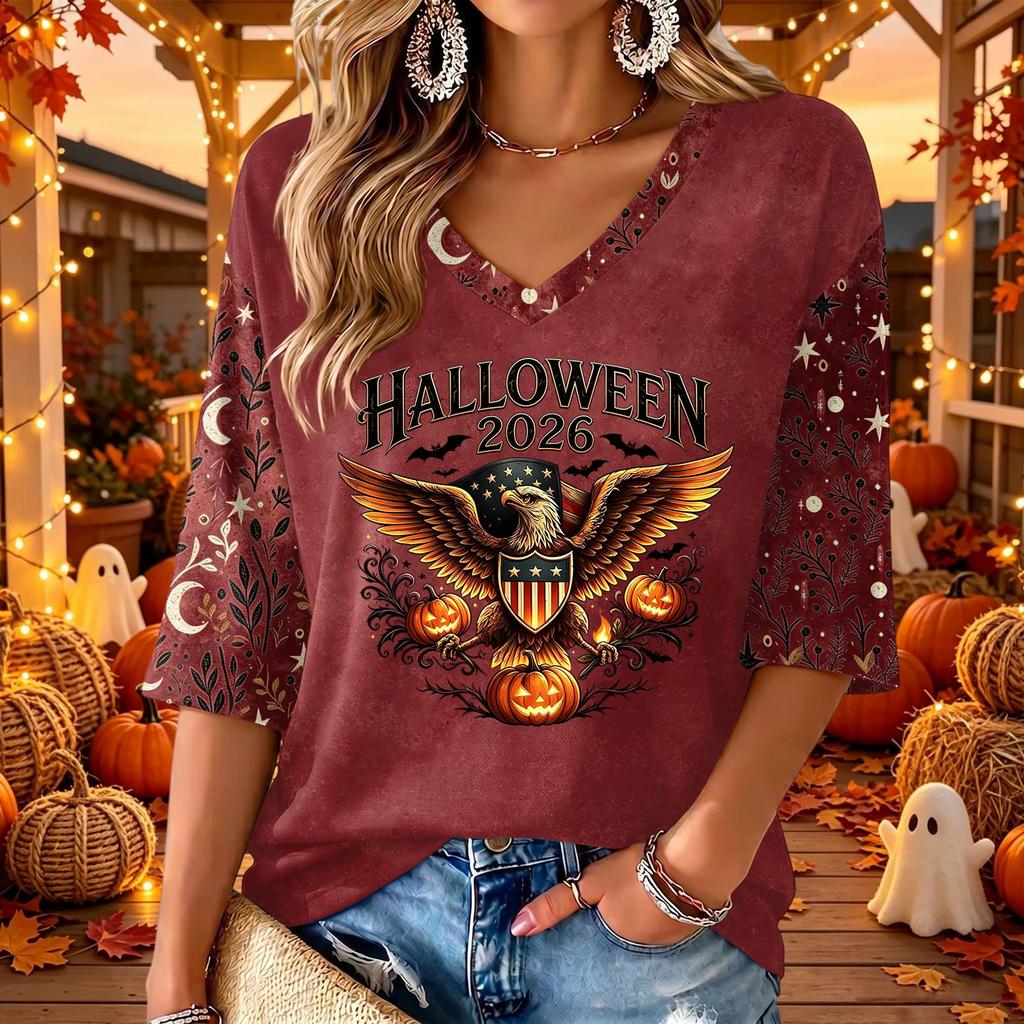 Women's Casual V-Neck Halloween Print Three-Quarter Sleeve Top
