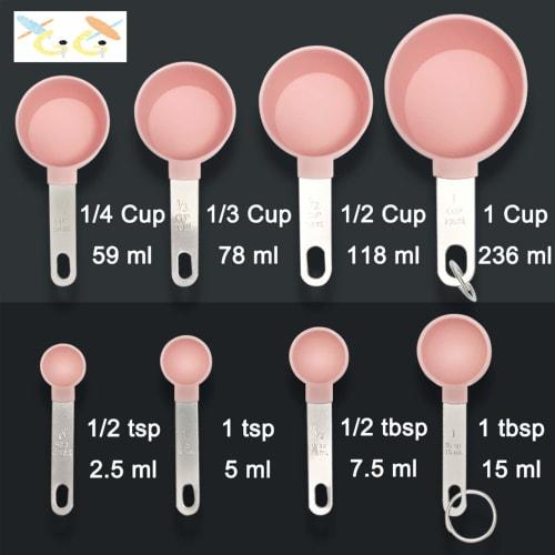 XGiGiX 8-Piece Pink Measuring Cup and Measuring Spoon Set with Stainless Steel Handles, Cute Pink Cups, and 2 Kitchen Tool Hooks