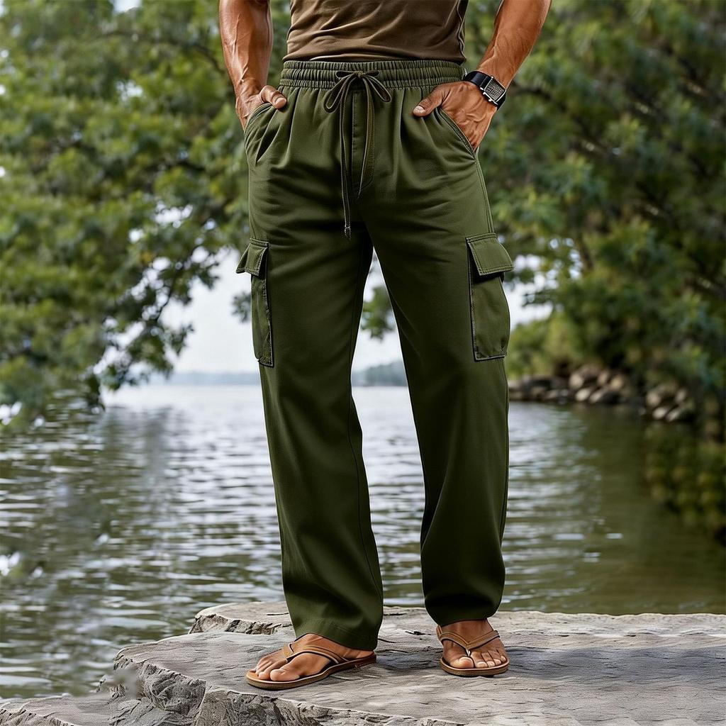 Men's Cotton Linen Drawstring Waist Straight Leg Breathable Long Cargo Pants Casual Loose Fit Trousers with Pockets