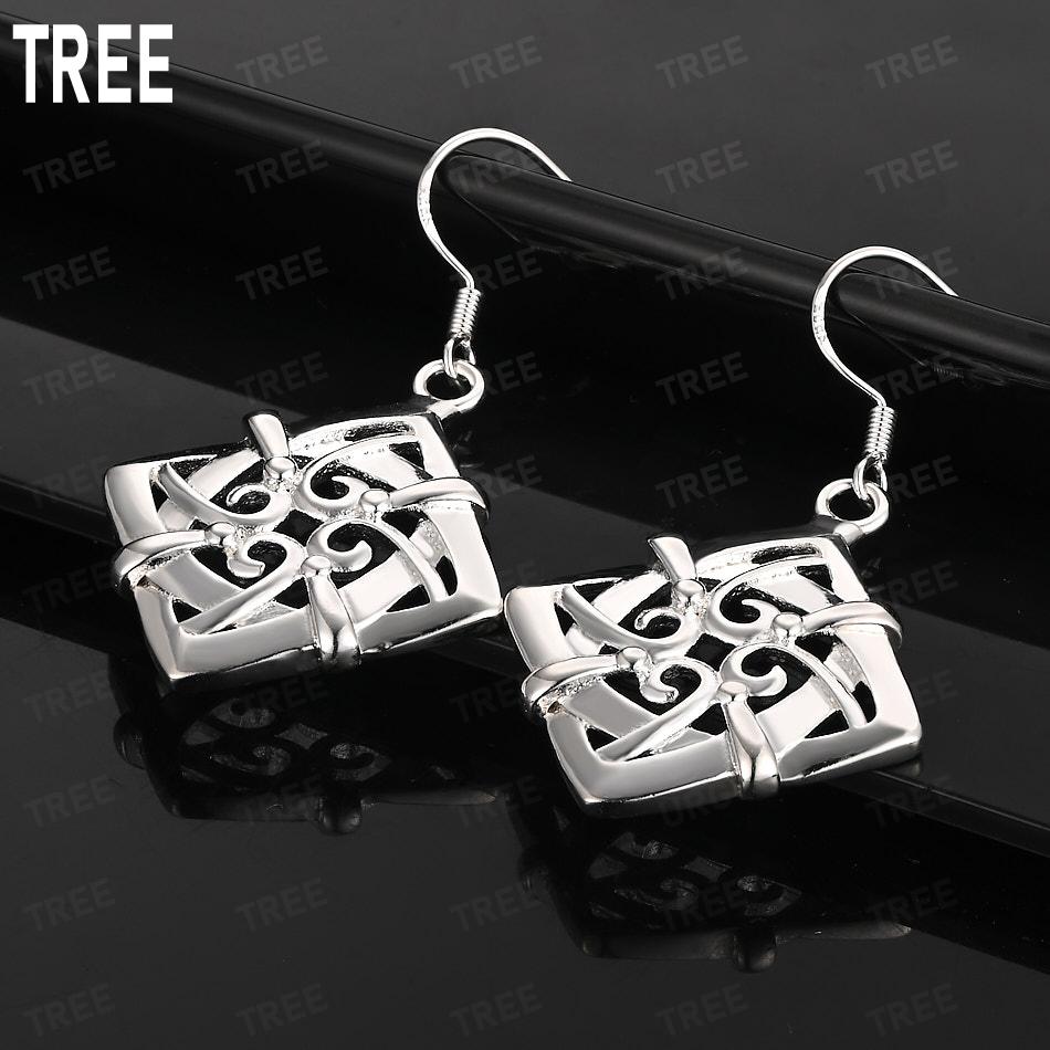 925 Sterling Silver Ethnic Style Square Openwork Carved Earrings - Exquisite Evening Jewelry