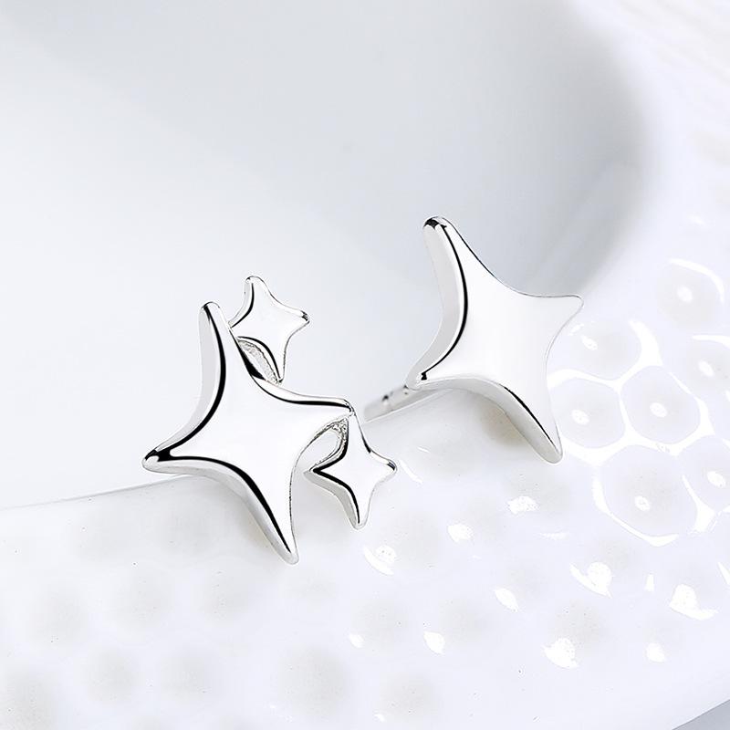 S925 Pure Silver Asymmetric Star Earrings for Women; Simple and Cold Temperament Four-pointed Star Earrings; Light Luxury Earrin