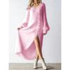 V Neck Loose Faux Fur Long Sleeve Slit Button Decor Dress