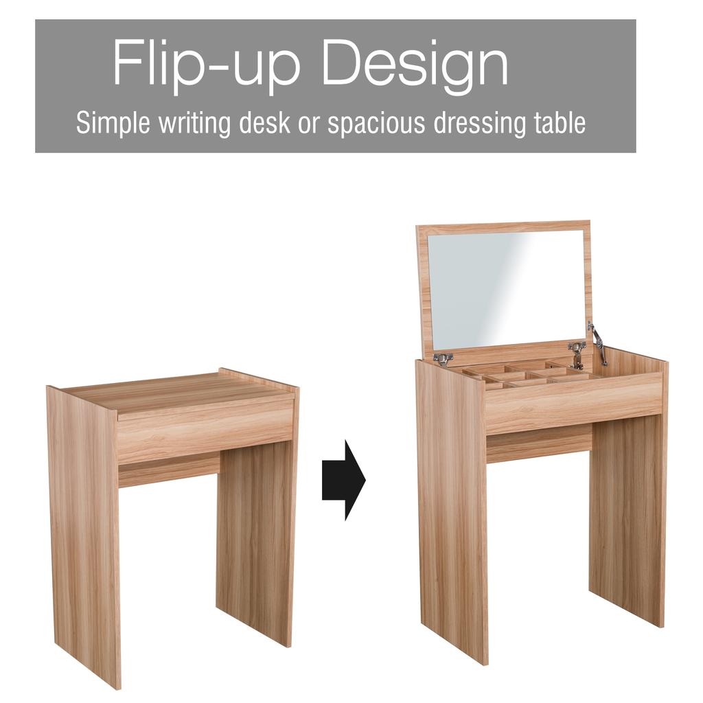 Dressing Table with Mirror and Stool, Vanity Makeup Table with Flip Up Mirror, Vanity Desk with Storage Unit and Padded Seat, Wood