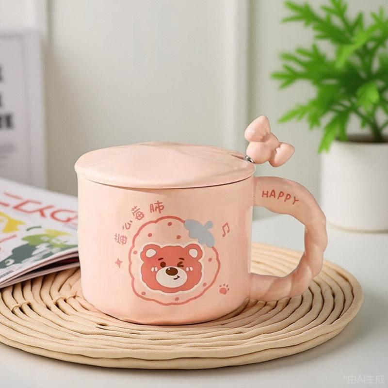 Tasse mit Deckel Löffel Niedliche Ins Style Tasse Hoher Wert Keramik Wasserbecher Rosa Bär Geburtstagsgeschenk Souvenir