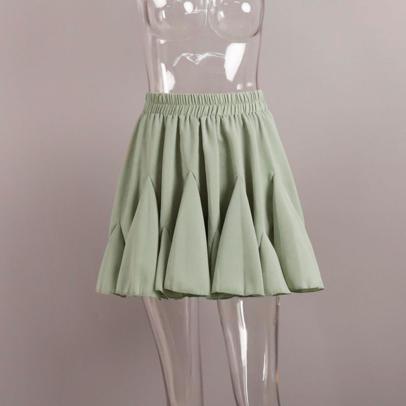 

European American Summer New Patchwork Mini Pure Color Pleated Skirt Solid Color Pleated Skirt Light green L