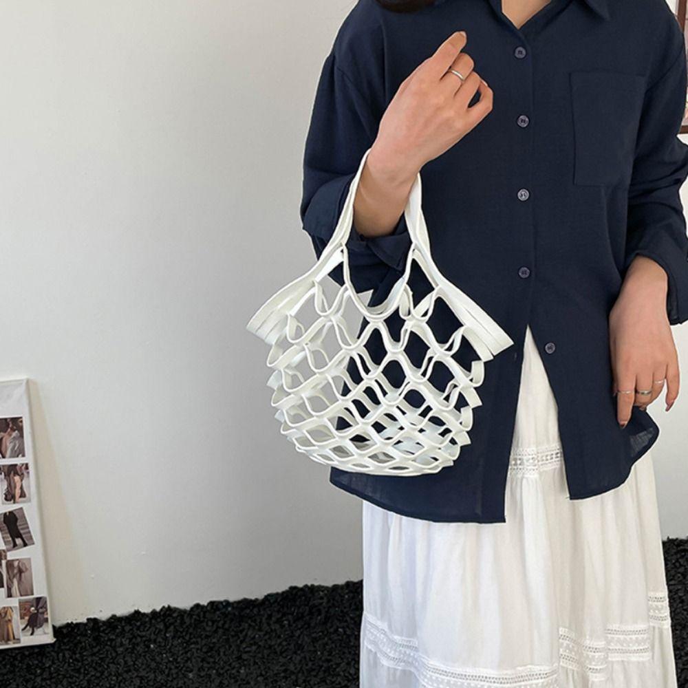 Fashi Large Capacity Leather Folding Tote Bag Fashi Simple Woven Handbag Handbag Foldable Leather Mesh Tote Bag Beach