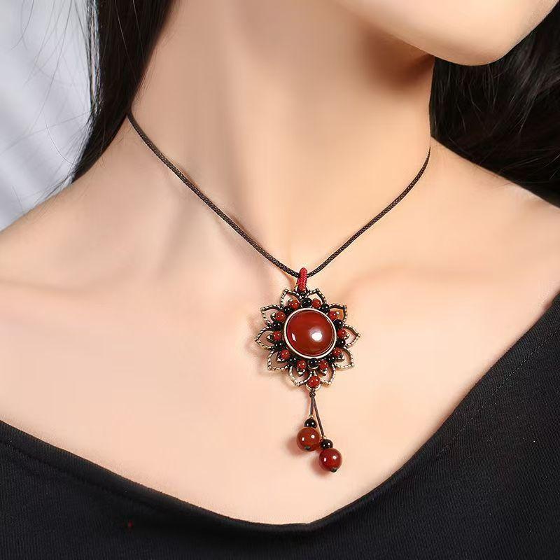 GEMCHIC Women s Vintage Ethnic Lotus Pendant Necklace Red Stone Beaded Choker Retro Collarbone Chain Jewelry