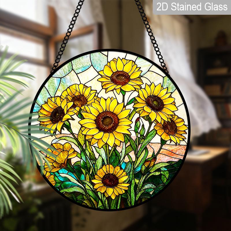 2D Flat Stained Glass Flower Window Decoration Colored Glass Plate, 7.87inches Hanging Ornament with Chain, Charming Spring Summer Sun Catcher Home
