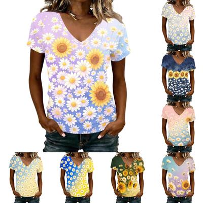 Women Casual V Neck Short Sleeve Floral Print T Shirt Lightweight Soft Fabric Comfortable Fit Summer Top