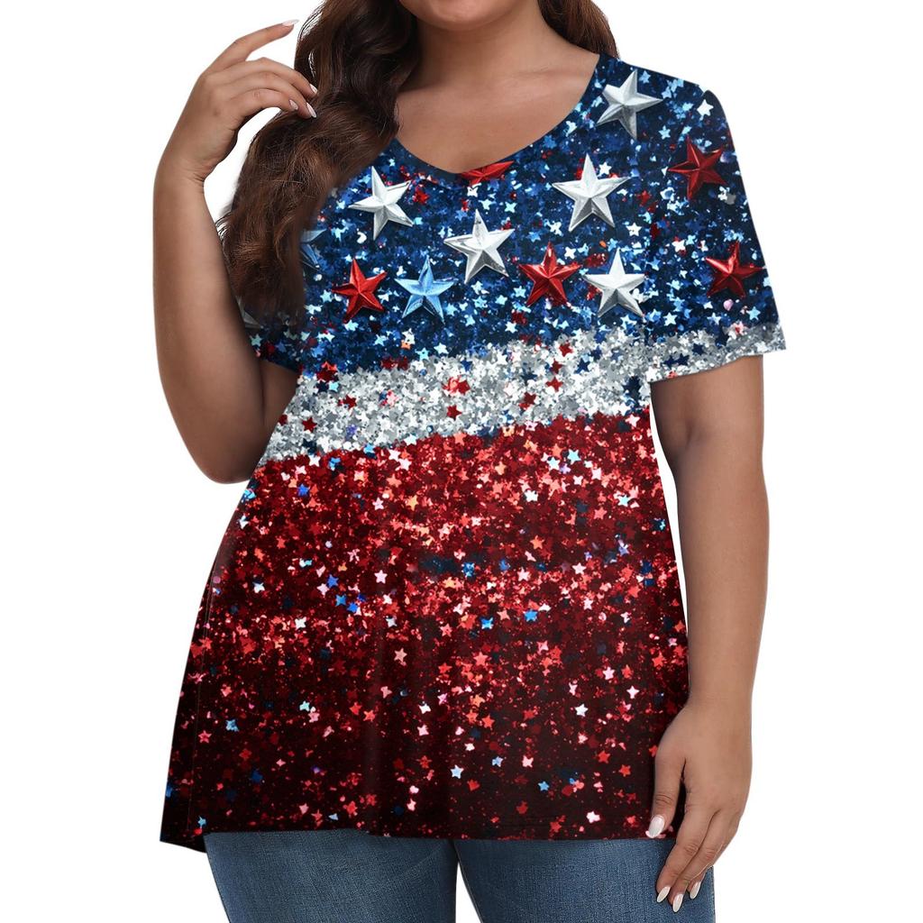 Damenmode Lässig V-Ausschnitt Pullover Kurzarm Übergröße Bedrucktes T-Shirt Top